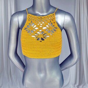 NEW Handmade Women's Mustard Hand Crocheted Halter Top Boho Cruise Summer S/M